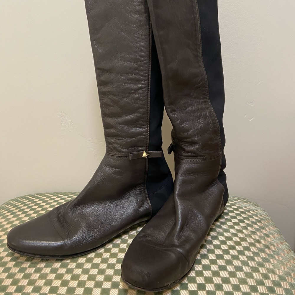 EUC KATE SPADE Leather Boots Brown Leather With Black Neoprene Gold Accents